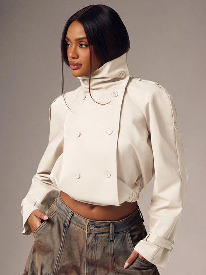Marguerite High Collar Double-Breasted Cropped Trench Jacket - Beige