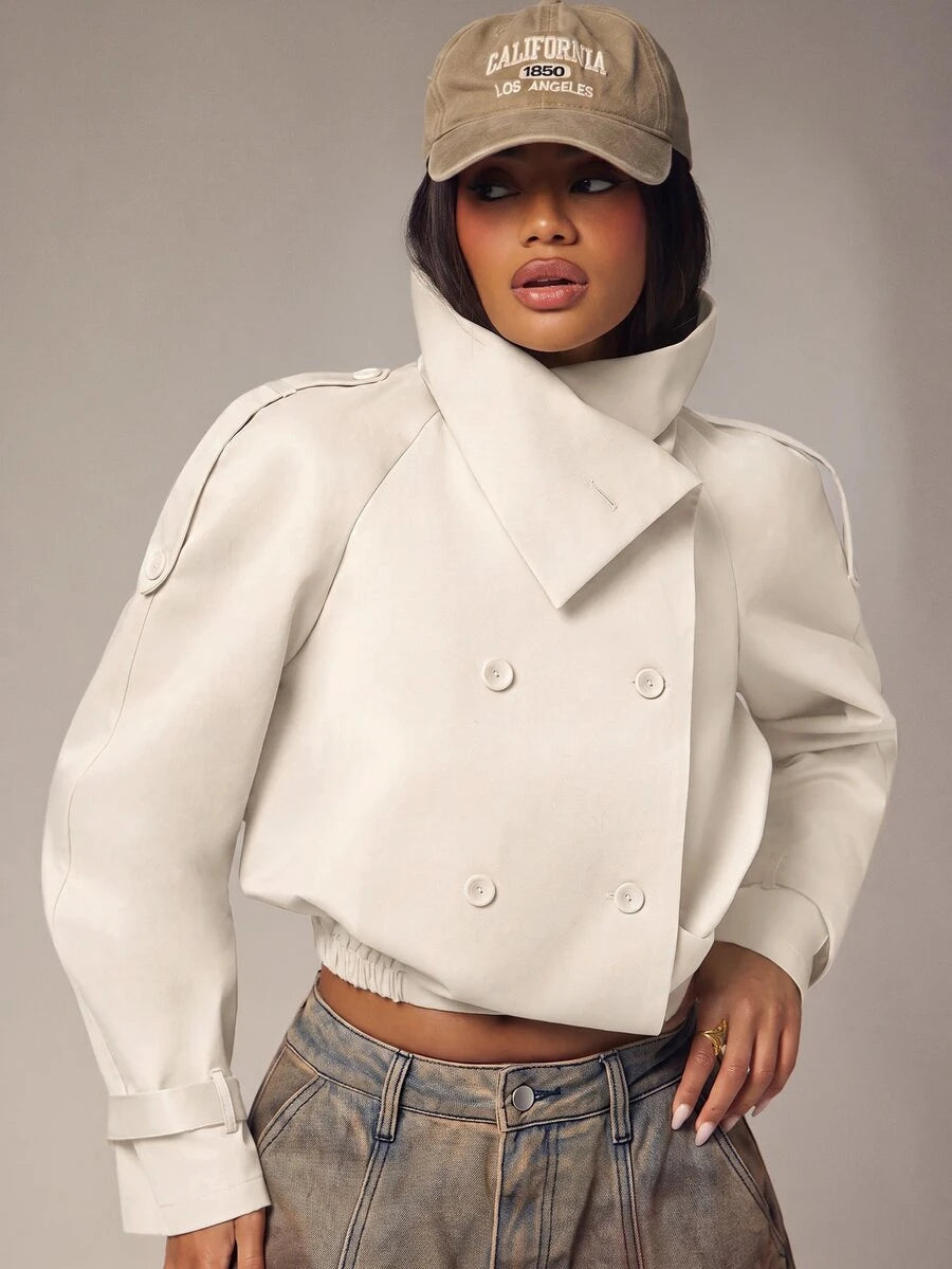 Marguerite High Collar Double-Breasted Cropped Trench Jacket - Beige