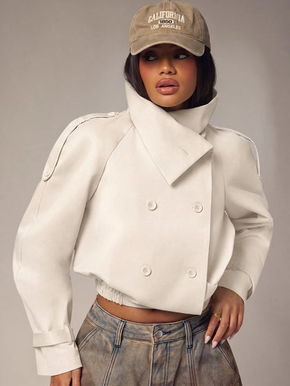 Marguerite High Collar Double-Breasted Cropped Trench Jacket - Beige