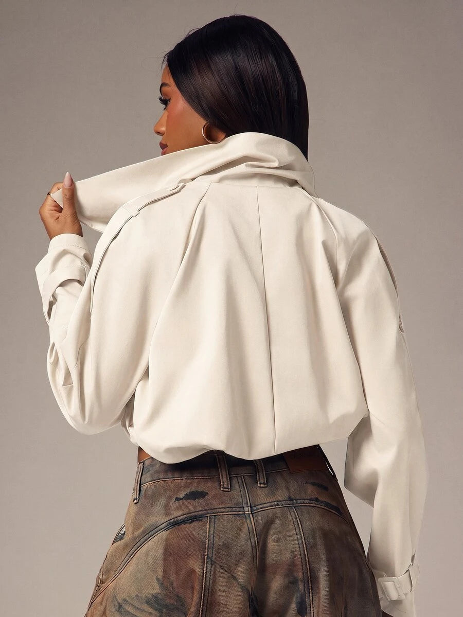 Marguerite High Collar Double-Breasted Cropped Trench Jacket - Beige