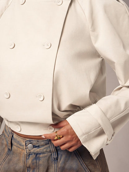 Marguerite High Collar Double-Breasted Cropped Trench Jacket - Beige