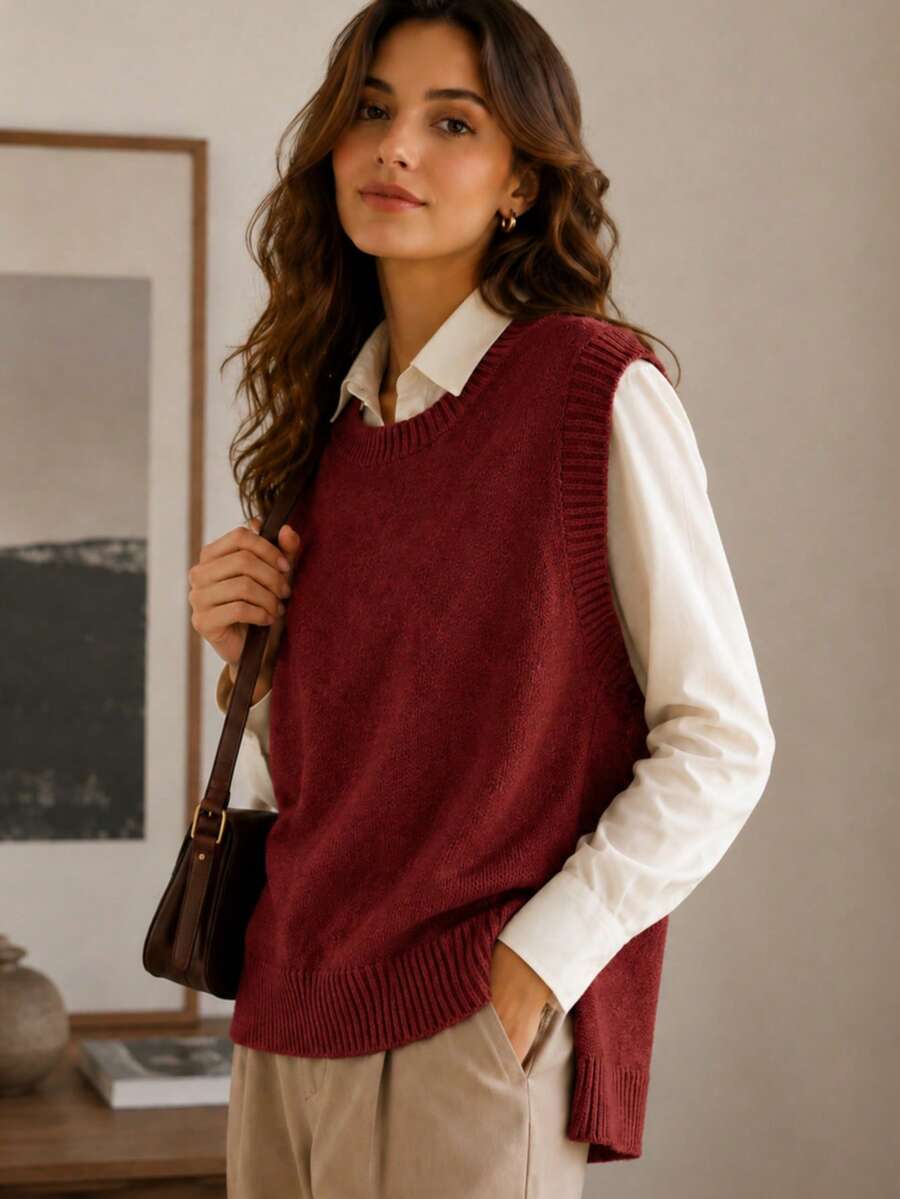 Women's Side Slit Knit Sweater Vest, Sleeveless Layering Top for Fall Work Casual - Burgundy