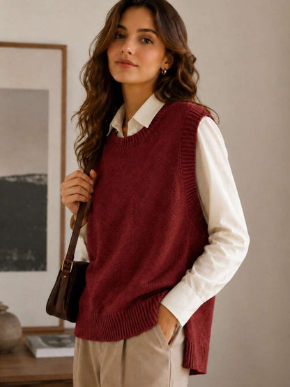 Women's Side Slit Knit Sweater Vest, Sleeveless Layering Top for Fall Work Casual - Burgundy