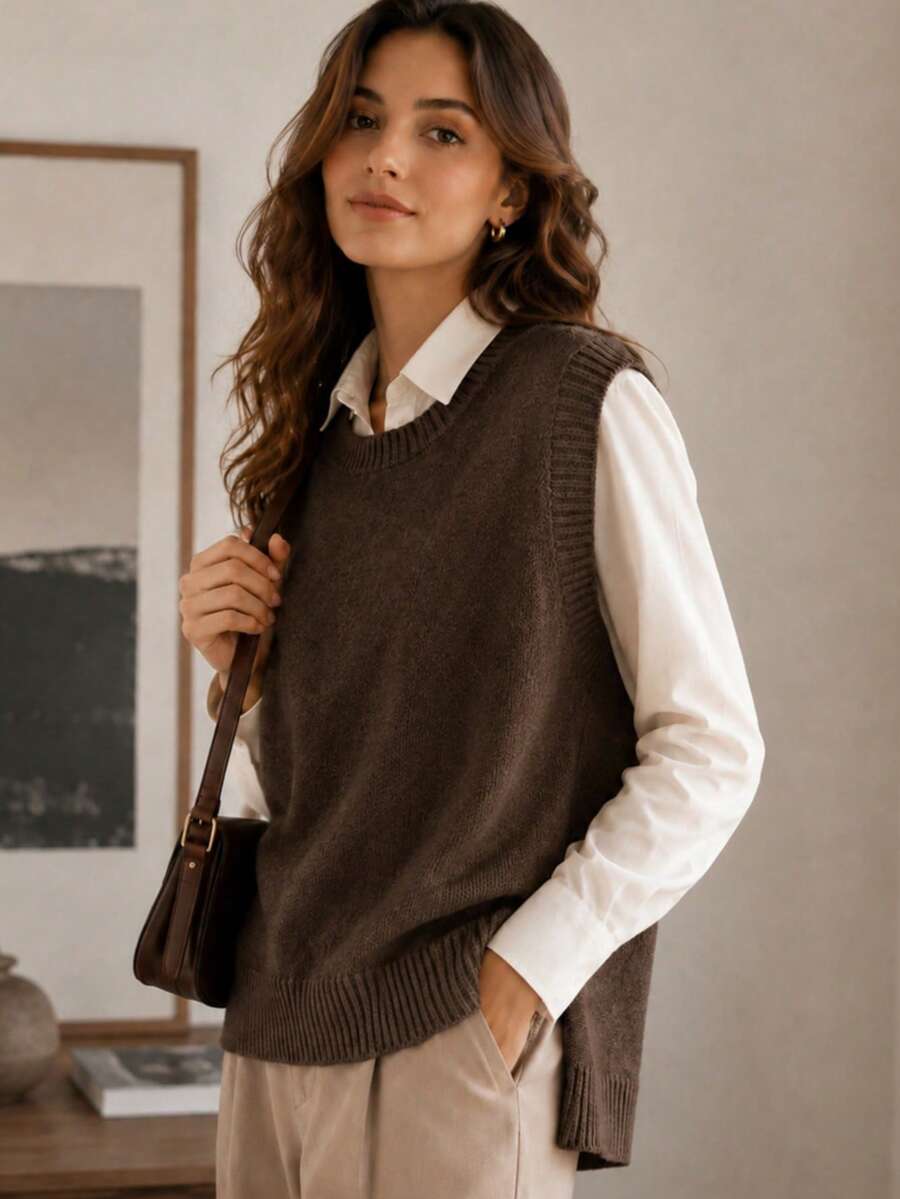 Women's Side Slit Knit Sweater Vest, Sleeveless Layering Top for Fall Work Casual - Coffee Brown
