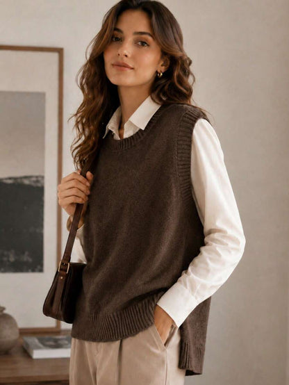 Women's Side Slit Knit Sweater Vest, Sleeveless Layering Top for Fall Work Casual - Coffee Brown