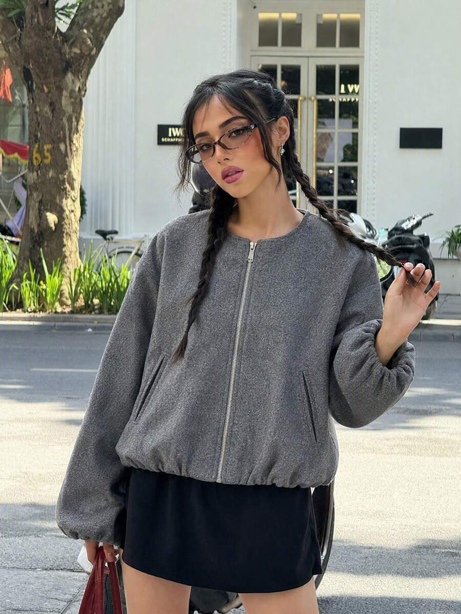 Lillehammer Wool Look Zip Up Cropped Bomber Jacket