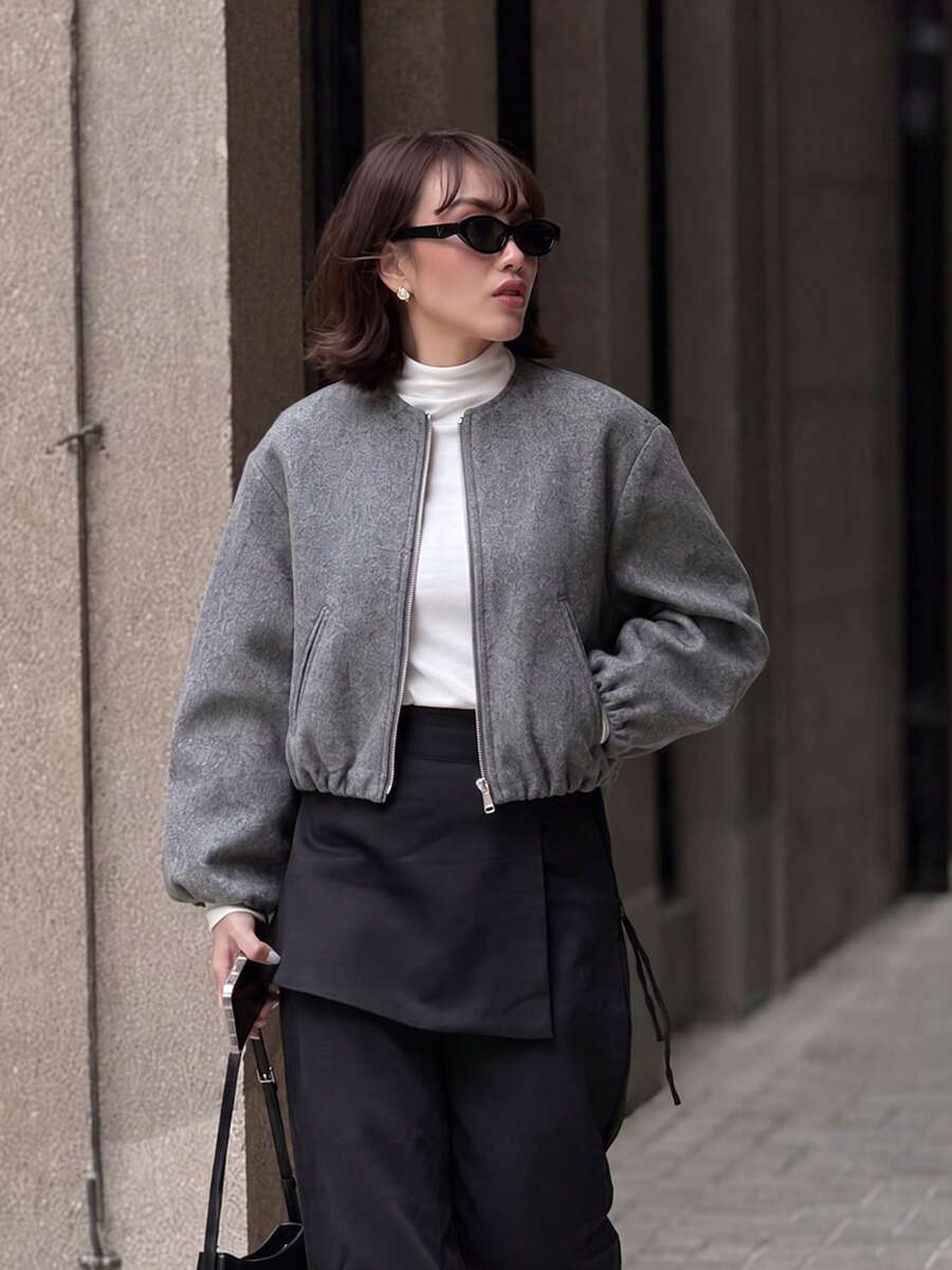 Lillehammer Wool Look Zip Up Cropped Bomber Jacket