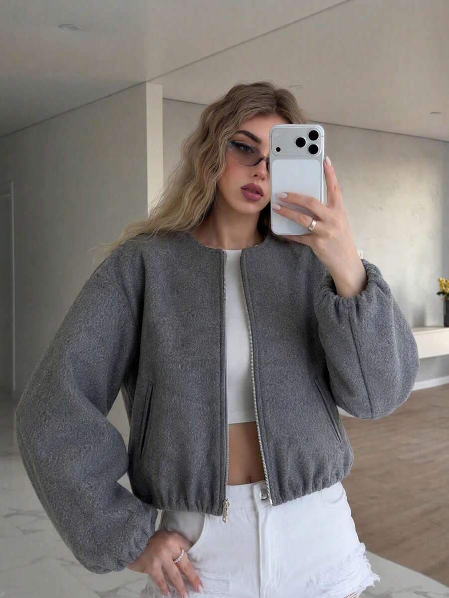 Lillehammer Wool Look Zip Up Cropped Bomber Jacket