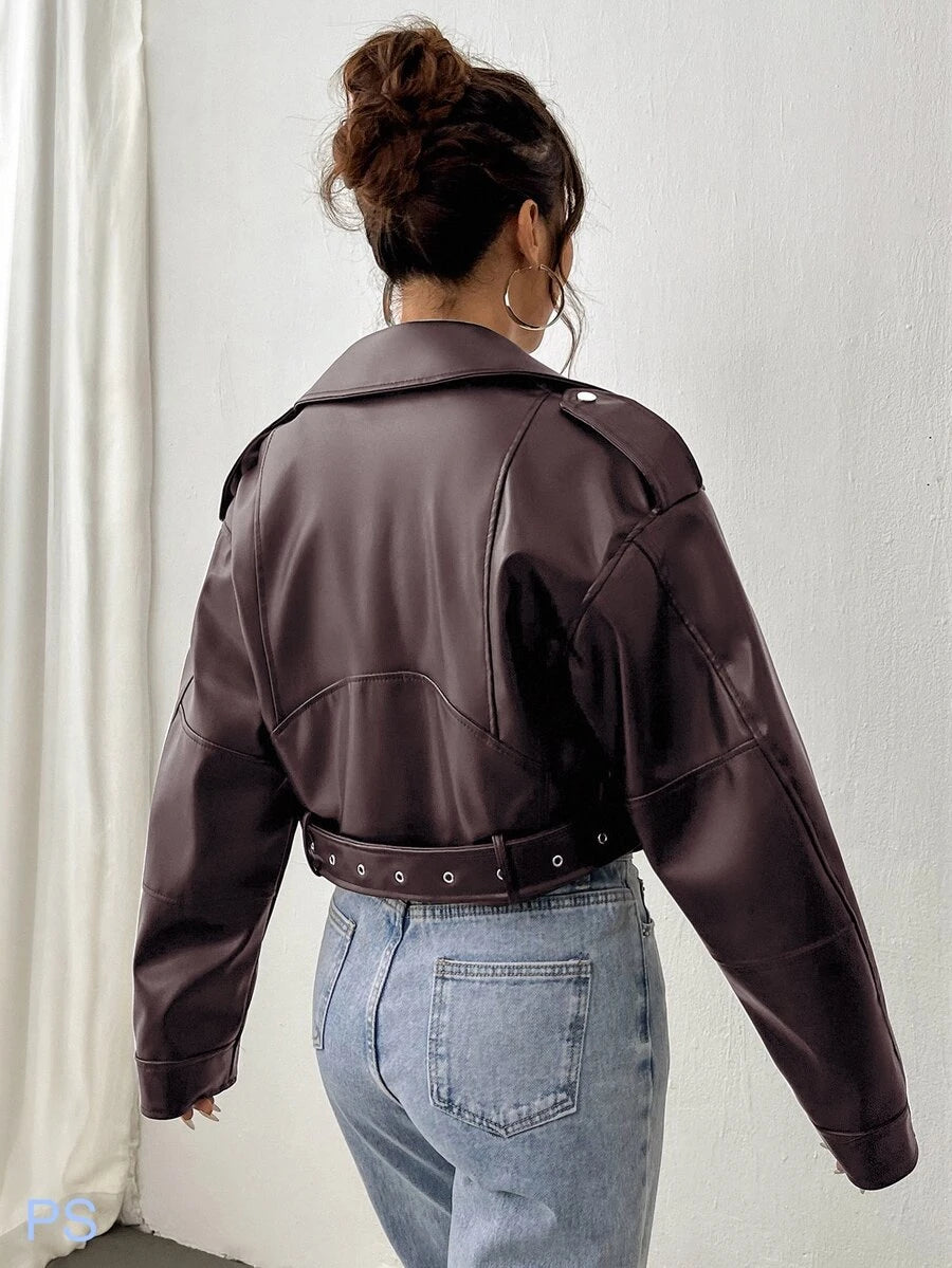 Kamloops Faux Leather Cropped Moto Jacket with Belted Hem