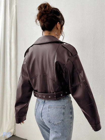 Kamloops Faux Leather Cropped Moto Jacket with Belted Hem