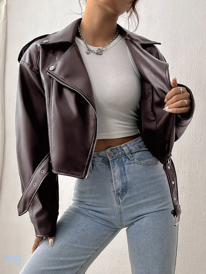 Kamloops Faux Leather Cropped Moto Jacket with Belted Hem - Burgundy