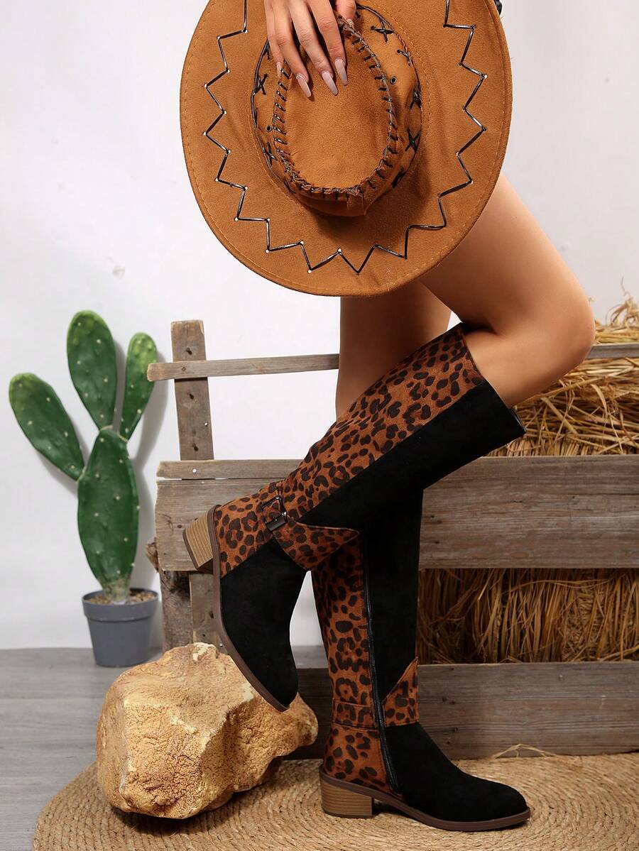 Fall/Winter Plus Size Women's Suede Brown Knee-High Boots With Side Zipper And Chunky Heel,Cowboy Boots Mensa