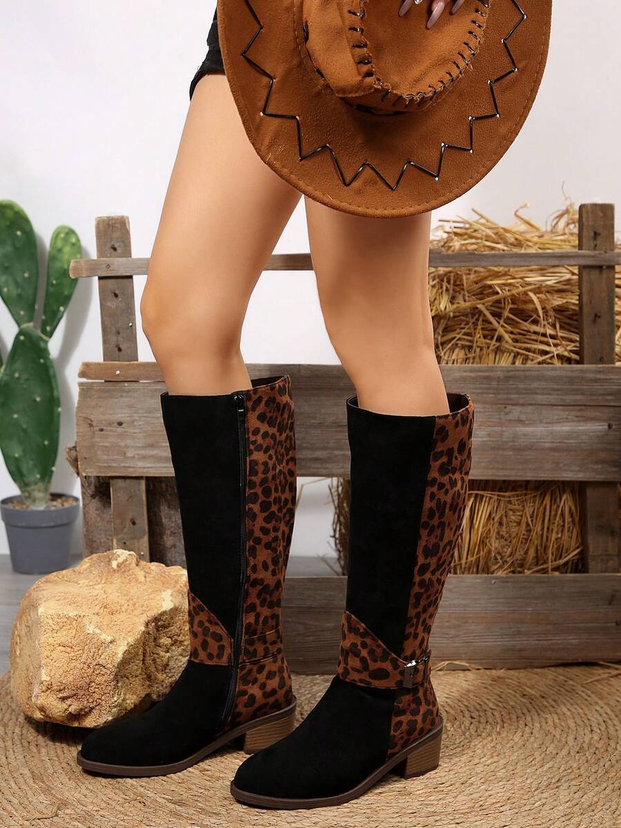 Fall/Winter Plus Size Women's Suede Brown Knee-High Boots With Side Zipper And Chunky Heel,Cowboy Boots Mensa