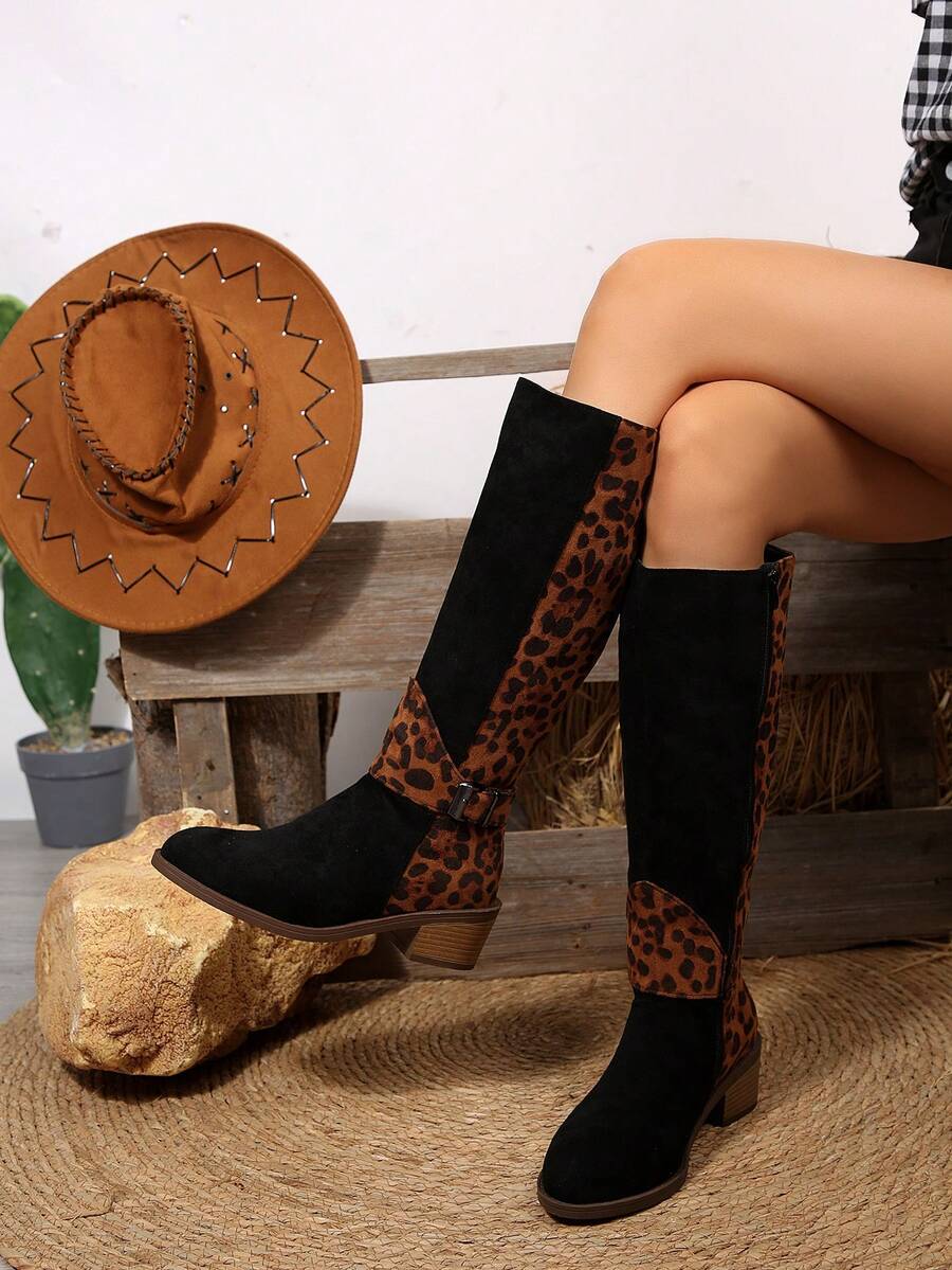 Fall/Winter Plus Size Women's Suede Brown Knee-High Boots With Side Zipper And Chunky Heel,Cowboy Boots Mensa