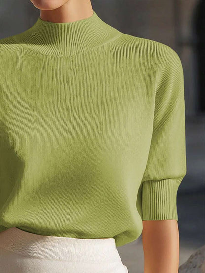 Women's Mock Neck Short Sleeve Knit Top, Fitted Sweater Tee for Work and Layering - Green