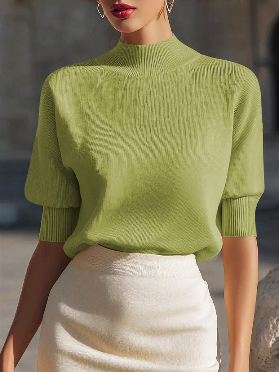 Women's Mock Neck Short Sleeve Knit Top, Fitted Sweater Tee for Work and Layering - Khaki