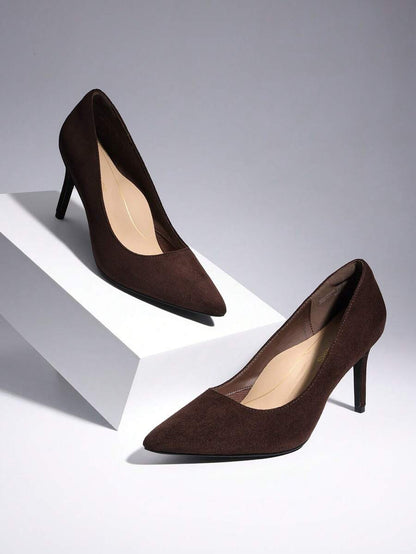 Women's Pointed Toe Stiletto Pumps, 3.35 Inch High Heel Faux Leather Slip On Dress Shoes for Work and Events - Brown
