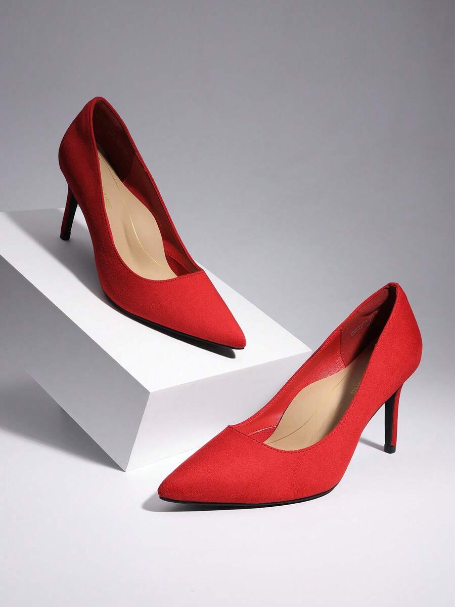 Women's Pointed Toe Stiletto Pumps, 3.35 Inch High Heel Faux Leather Slip On Dress Shoes for Work and Events - Red