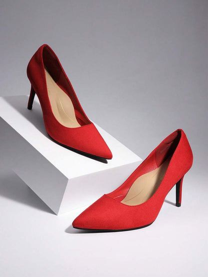 Women's Pointed Toe Stiletto Pumps, 3.35 Inch High Heel Faux Leather Slip On Dress Shoes for Work and Events - Red