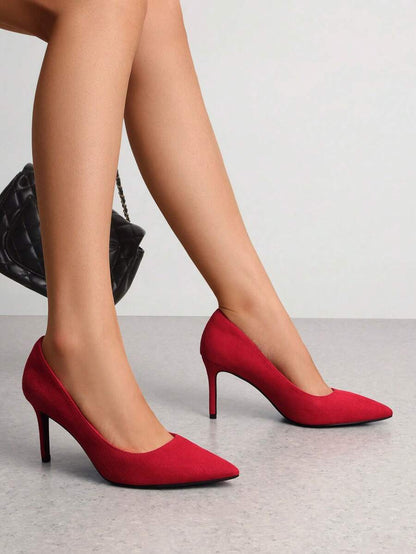 Women's Pointed Toe Stiletto Pumps, 3.35 Inch High Heel Faux Leather Slip On Dress Shoes for Work and Events