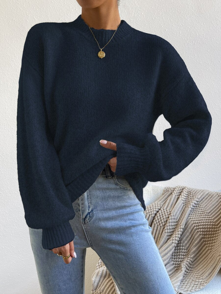 Viola Relaxed Mock Neck Sweater with Drop Shoulders - Navy