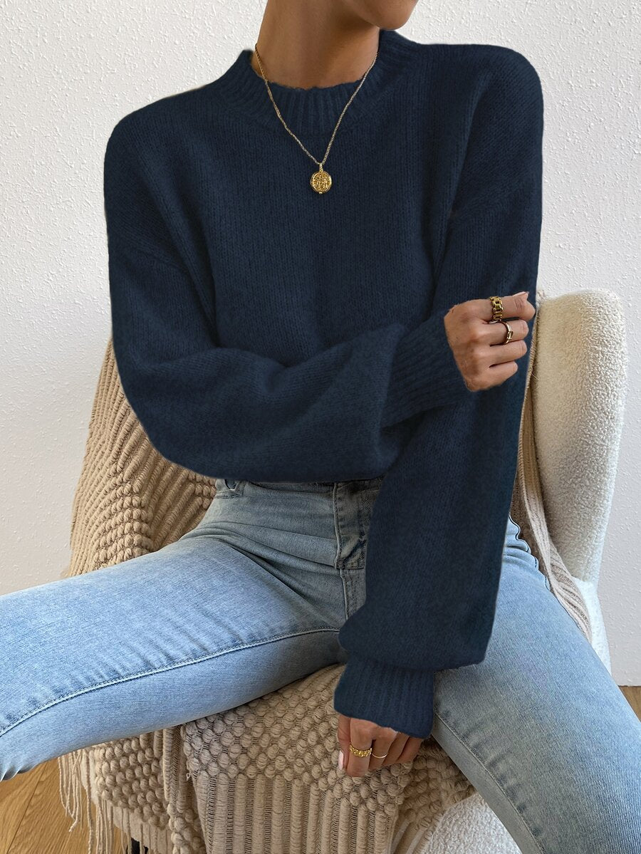 Viola Relaxed Mock Neck Sweater with Drop Shoulders - Navy