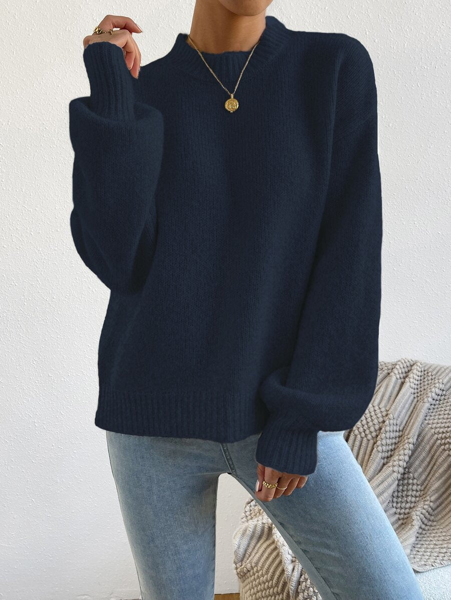 Viola Relaxed Mock Neck Sweater with Drop Shoulders - Navy