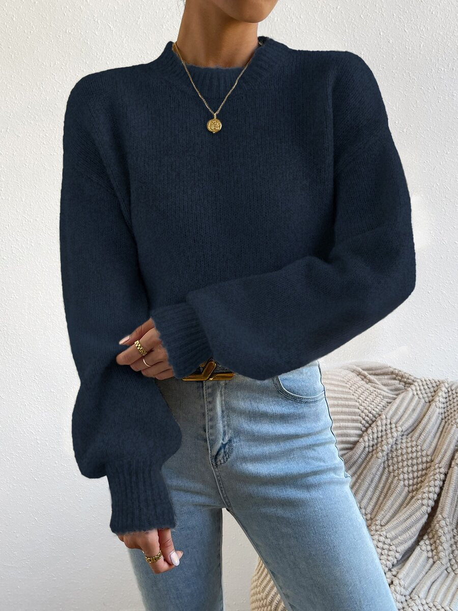 Viola Relaxed Mock Neck Sweater with Drop Shoulders - Navy