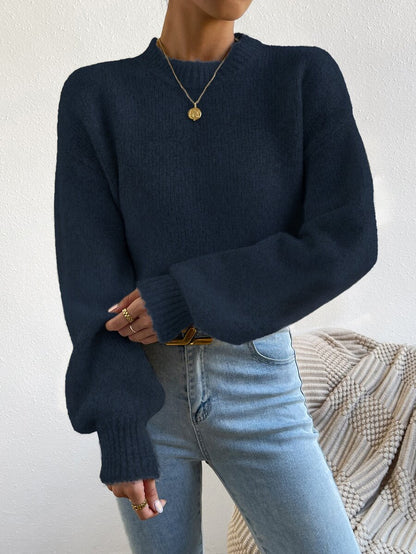 Viola Relaxed Mock Neck Sweater with Drop Shoulders - Navy