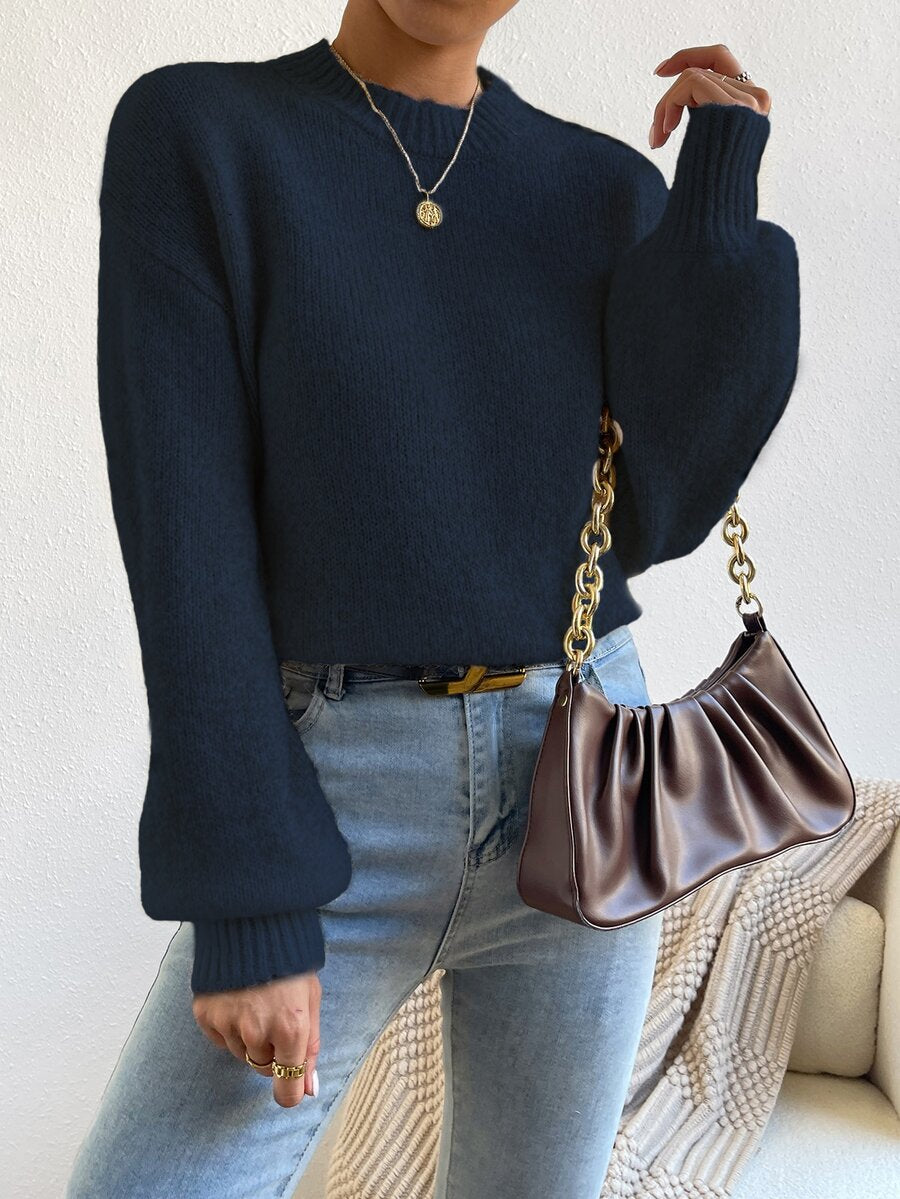 Viola Relaxed Mock Neck Sweater with Drop Shoulders - Navy