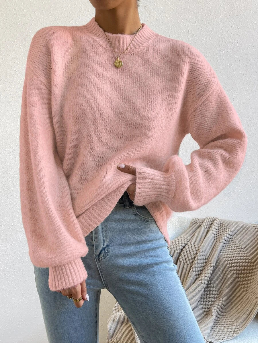Viola Relaxed Mock Neck Sweater with Drop Shoulders - Dusty Rose
