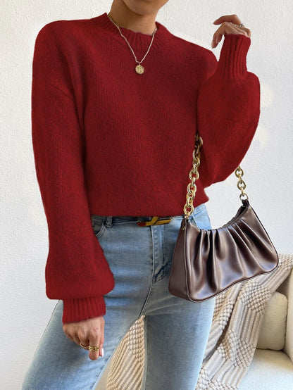 Viola Relaxed Mock Neck Sweater with Drop Shoulders - Wine Red