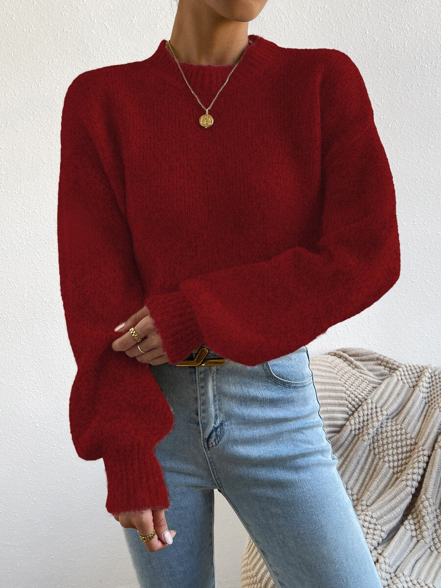 Viola Relaxed Mock Neck Sweater with Drop Shoulders - Wine Red