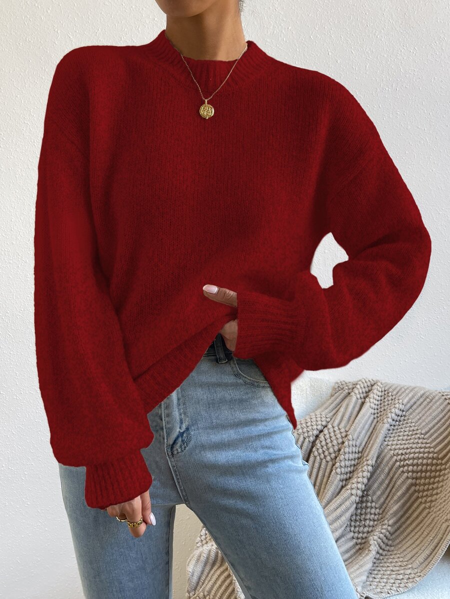 Viola Relaxed Mock Neck Sweater with Drop Shoulders - Wine Red