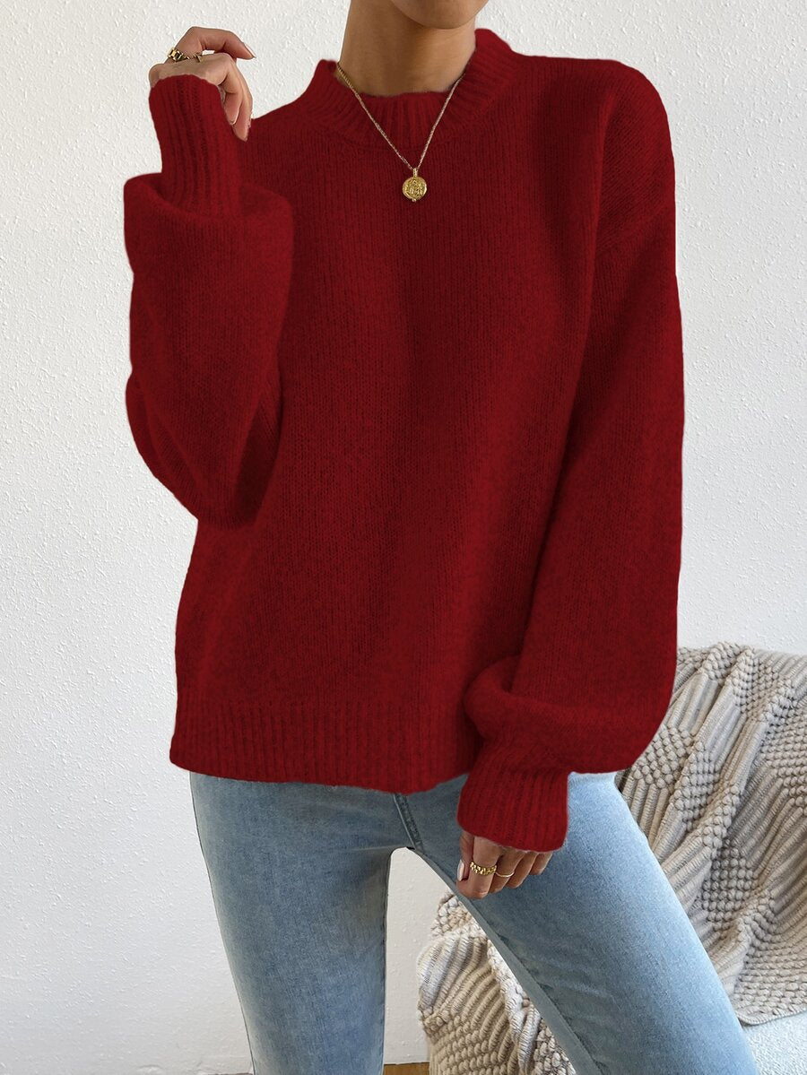 Viola Relaxed Mock Neck Sweater with Drop Shoulders - Wine Red