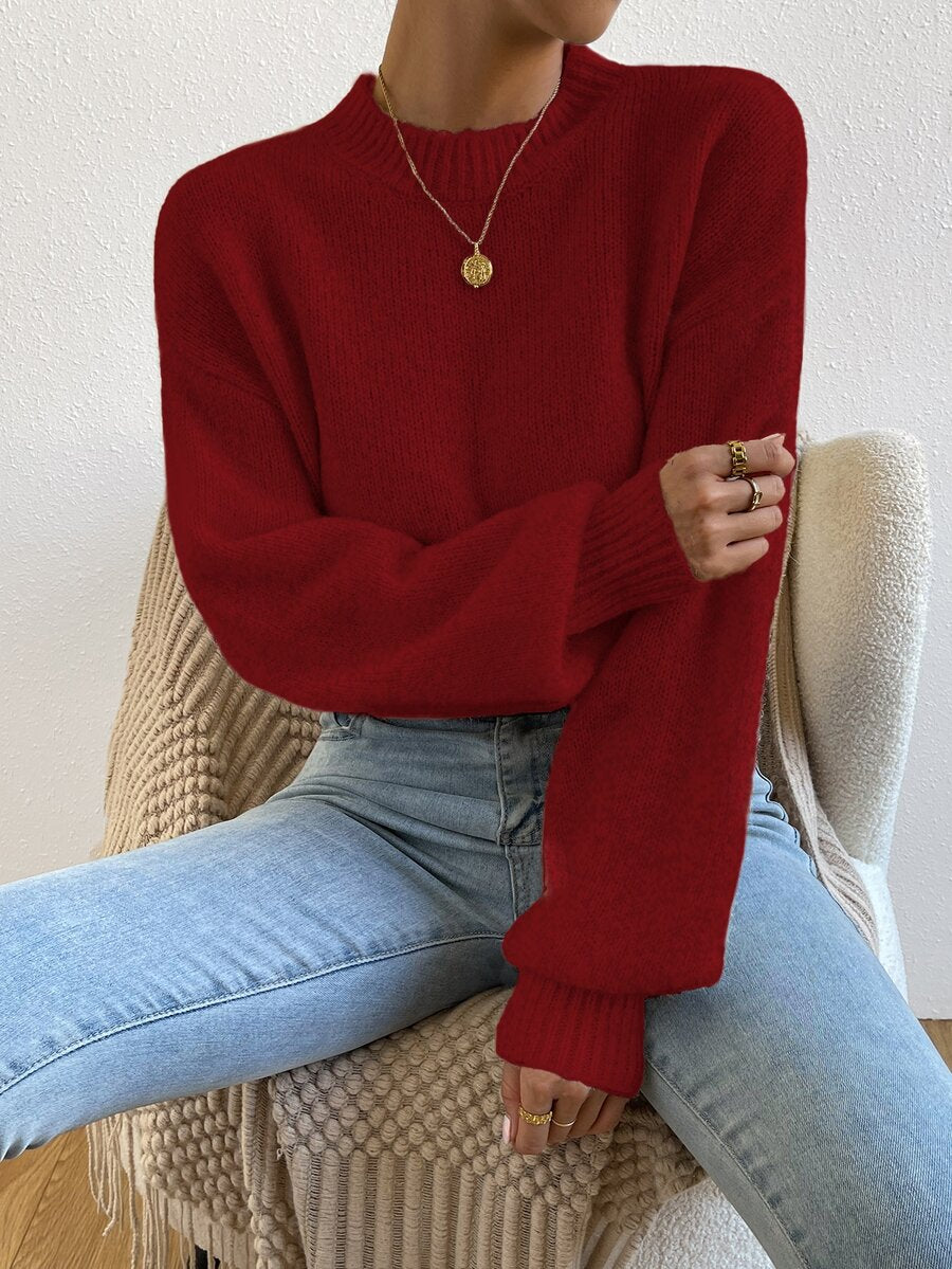 Viola Relaxed Mock Neck Sweater with Drop Shoulders - Wine Red