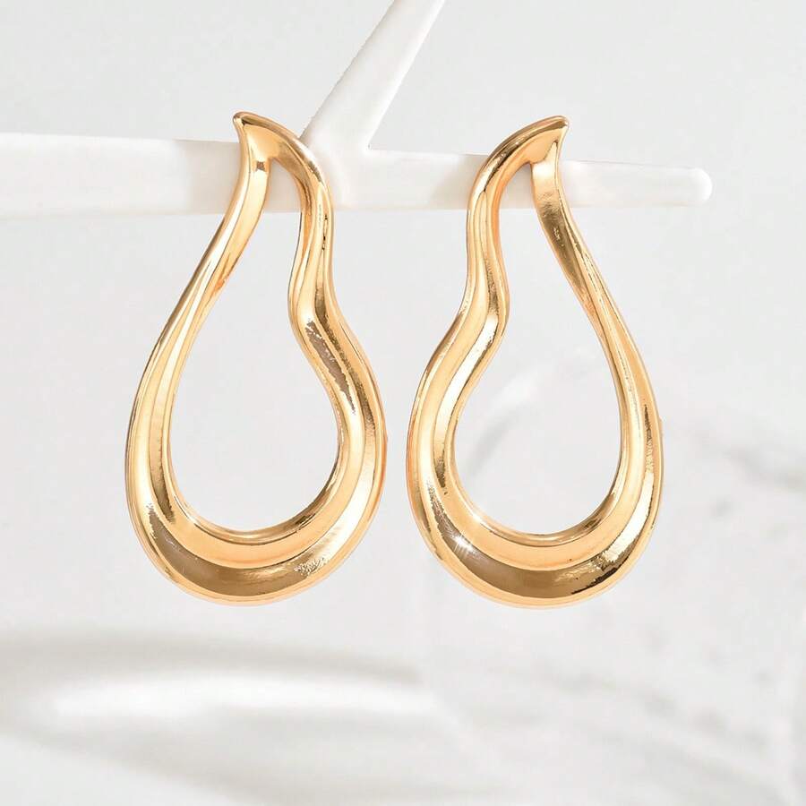 Women's Asymmetrical Gold Drop Earrings, Wavy Metal Hook Statement Earrings, Minimalist Everyday Jewelry