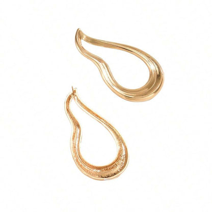 Women's Asymmetrical Gold Drop Earrings, Wavy Metal Hook Statement Earrings, Minimalist Everyday Jewelry