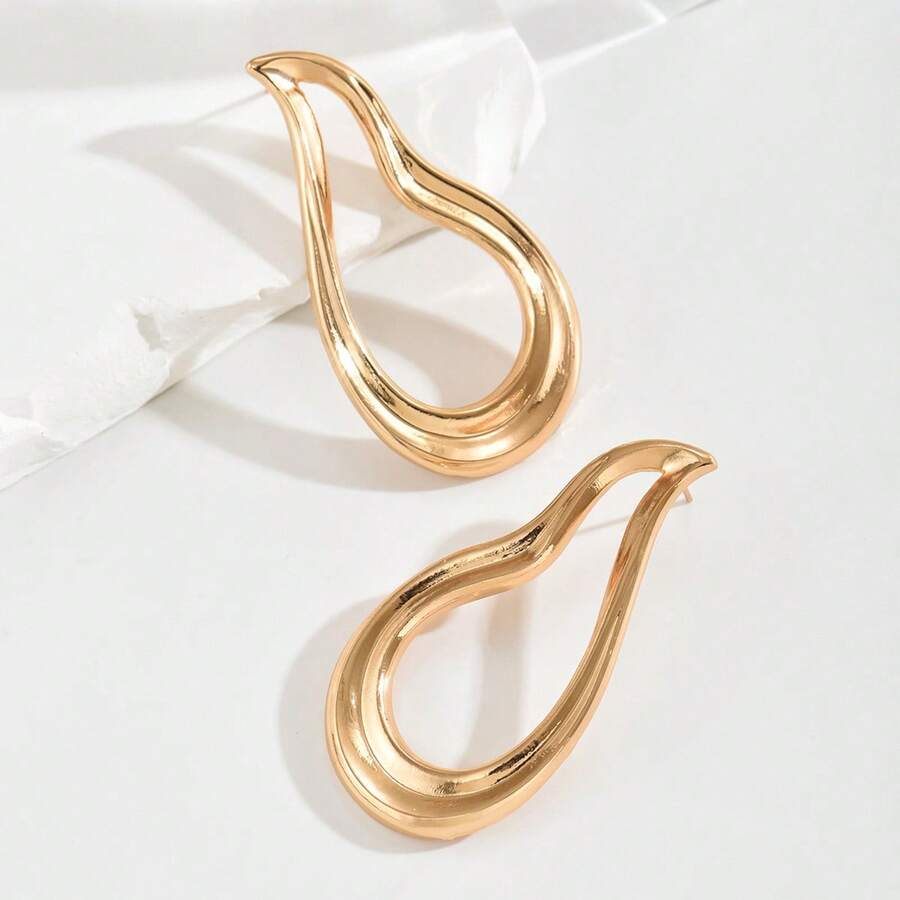 Women's Asymmetrical Gold Drop Earrings, Wavy Metal Hook Statement Earrings, Minimalist Everyday Jewelry