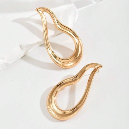 Women's Asymmetrical Gold Drop Earrings, Wavy Metal Hook Statement Earrings, Minimalist Everyday Jewelry