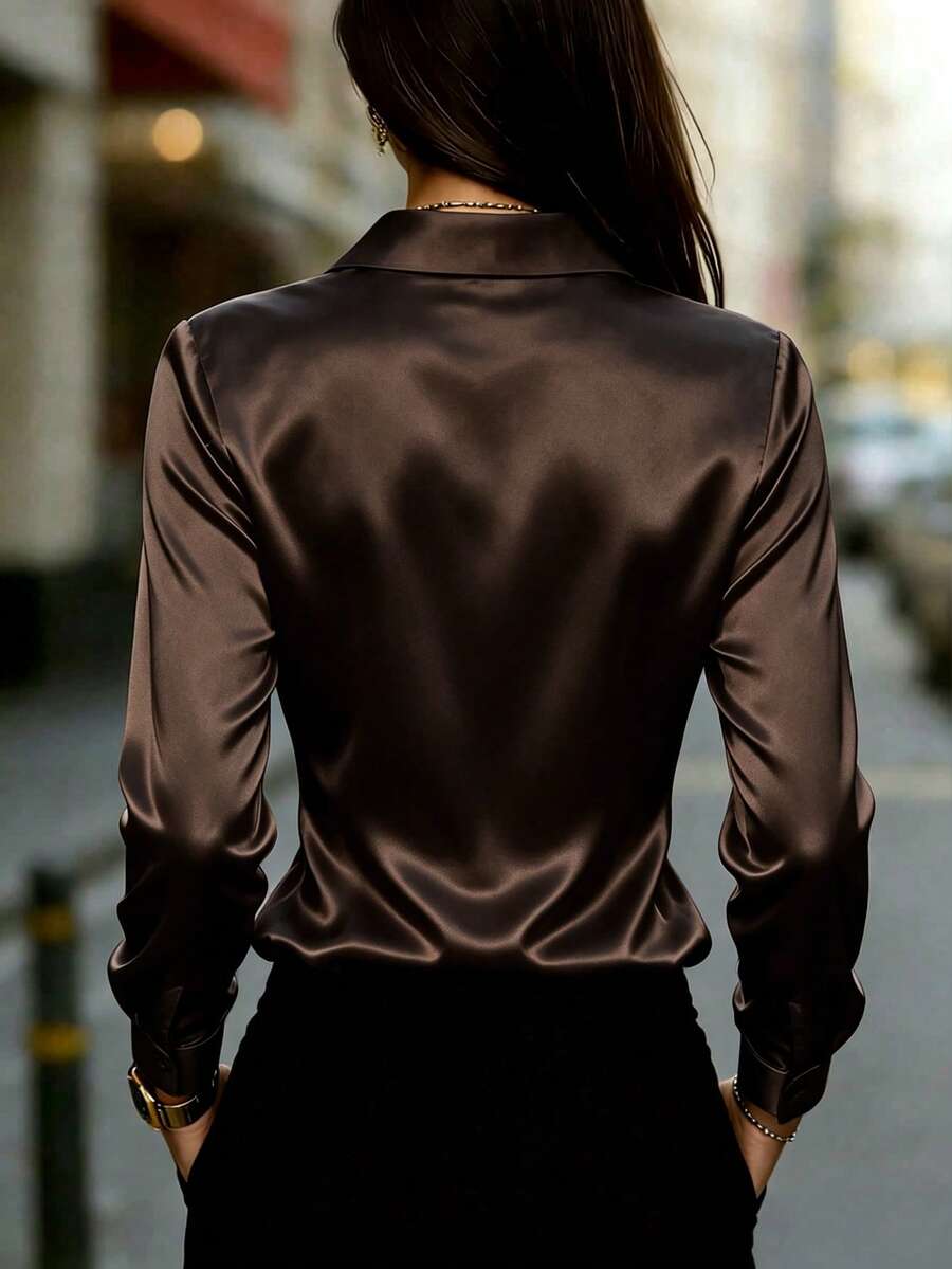 Women's Satin Button Up Collared Blouse, Long Sleeve Silky Shirt for Work and Evening - Khaki