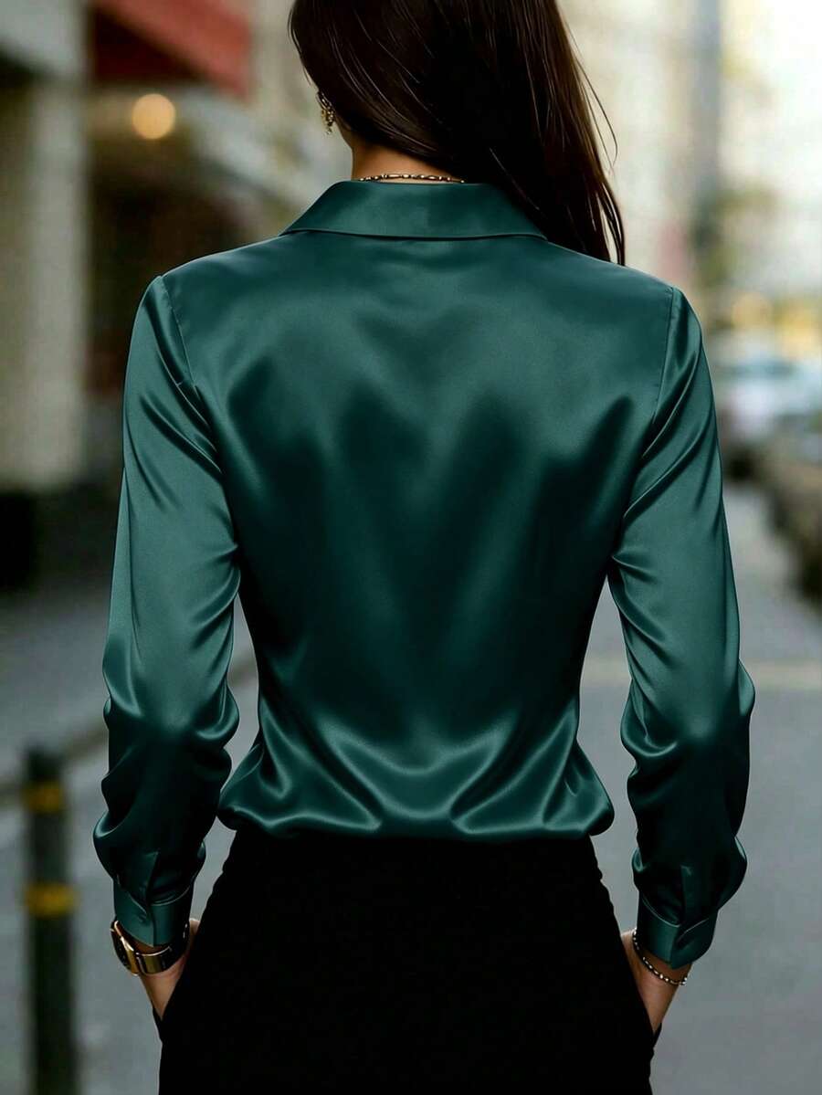 Women's Satin Button Up Collared Blouse, Long Sleeve Silky Shirt for Work and Evening - Black