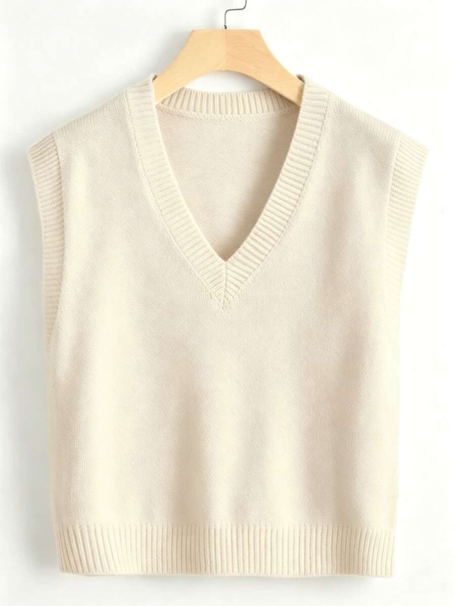 Marisa Fine Knit V-Neck Sleeveless Sweater Vest - Beige