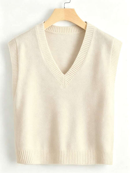 Marisa Fine Knit V-Neck Sleeveless Sweater Vest - Beige