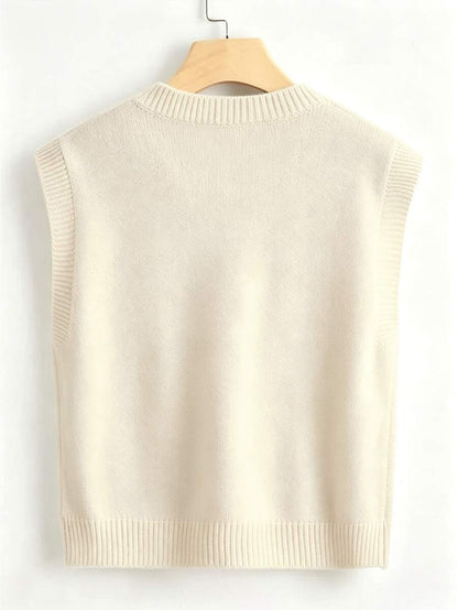 Marisa Fine Knit V-Neck Sleeveless Sweater Vest - Beige