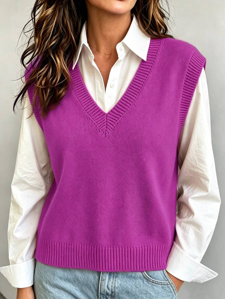 Marisa Fine Knit V-Neck Sleeveless Sweater Vest - Beige