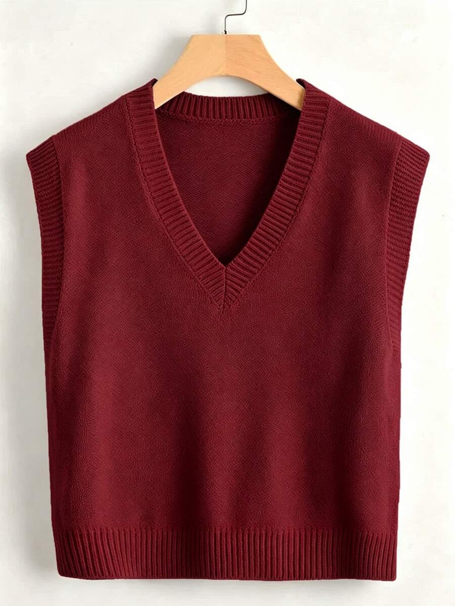Marisa Fine Knit V-Neck Sleeveless Sweater Vest - Maroon