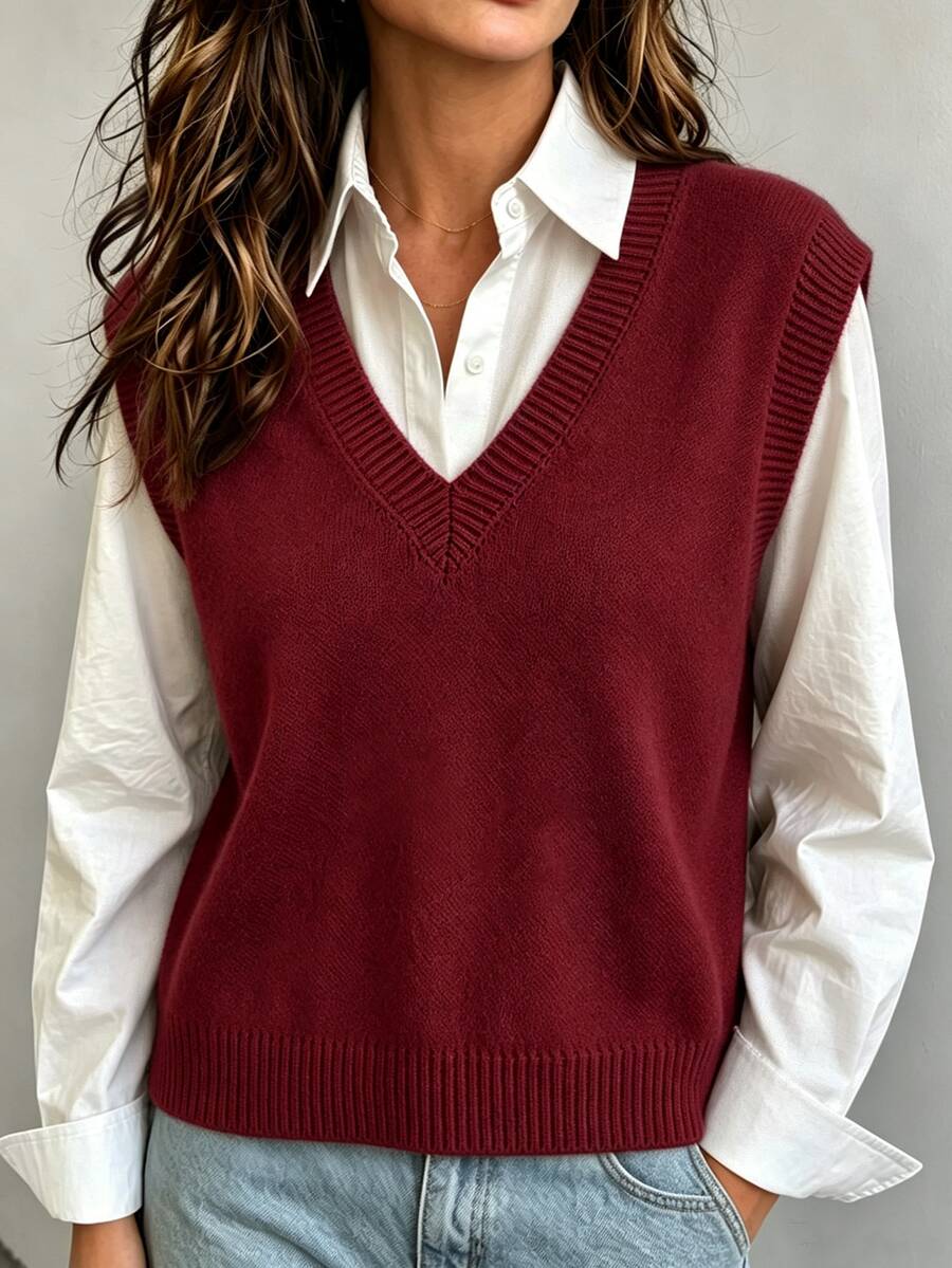 Marisa Fine Knit V-Neck Sleeveless Sweater Vest - Dark Green