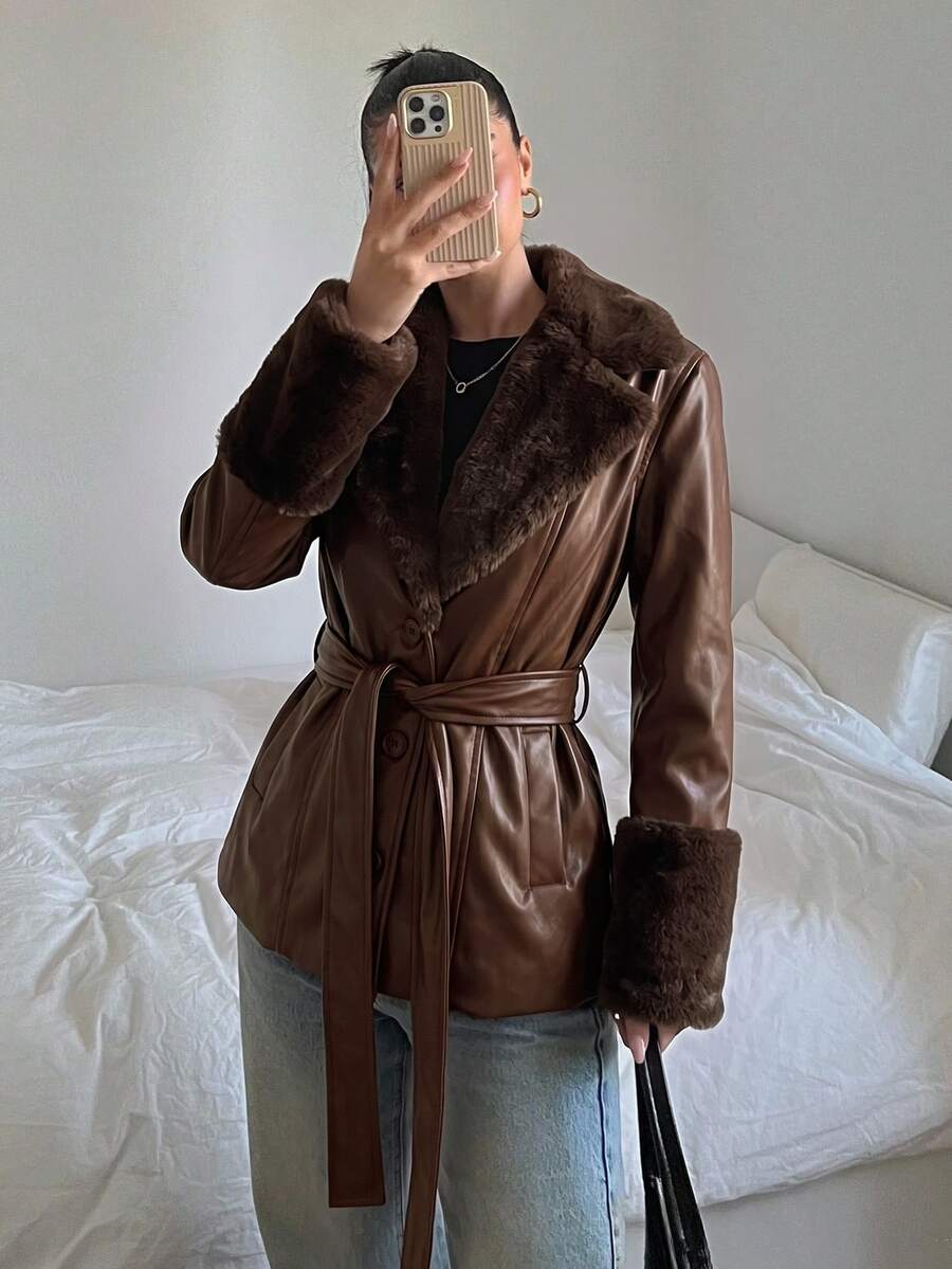 Kalispell Belted Faux Leather Jacket with Lapel Collar