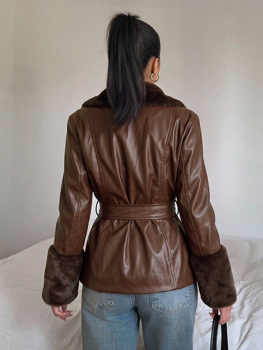 Kalispell Belted Faux Leather Jacket with Lapel Collar